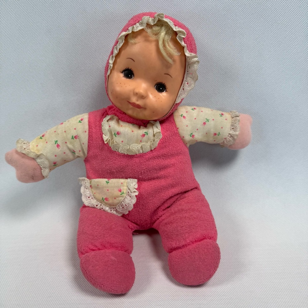Vintage Baby Doll Terry Cloth Plush Body Plastic Head Pink Outfit